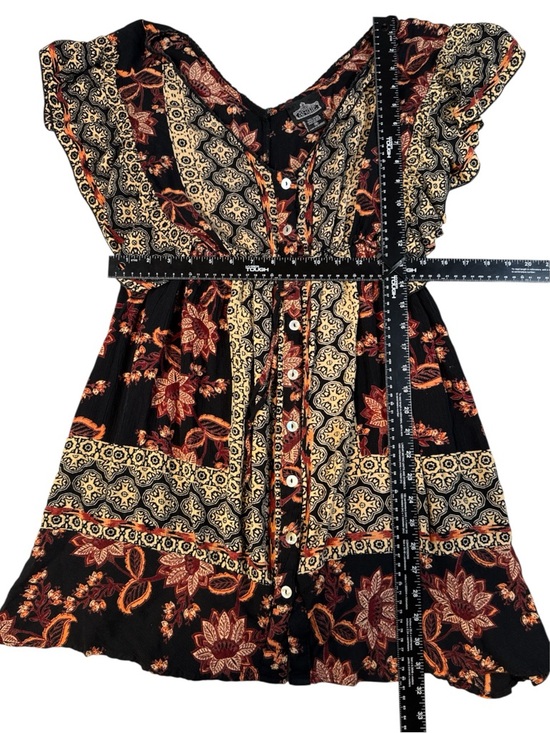 Angie Boho Mini Dress Womens Medium Black Floral Patchwork Button Front Flowy - Picture 5 of 9